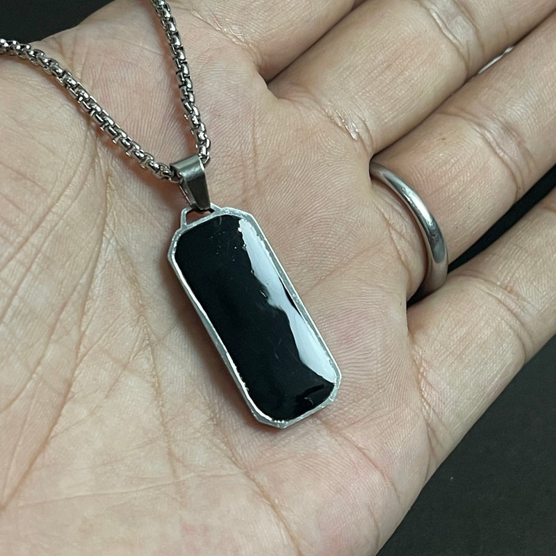 Black Epoxy Rectangle Minimal Pendant Necklace For Men